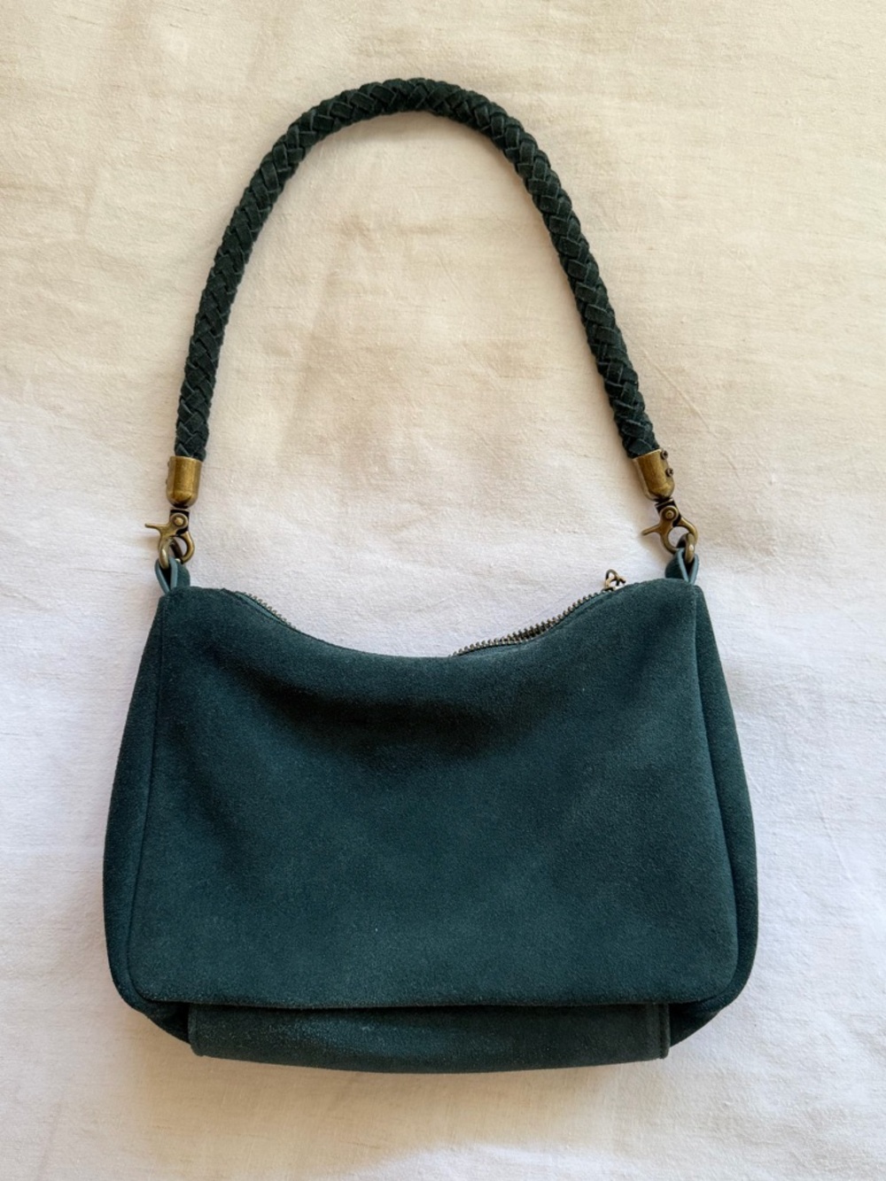 Anthropologie Dark Green Suede Braided-Handle Shoulder Bag